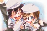  :d ao_no_exorcist beret brothers closed_eyes glasses hat male_focus multiple_boys nari-ham okumura_rin okumura_yukio one_eye_closed open_mouth siblings smile 