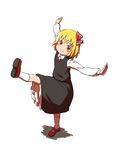  blonde_hair blush child dress full_body hair_ribbon leg_up outstretched_arms red_eyes ribbon rumia shibasaki_shouji short_hair smile solo spread_arms standing standing_on_one_leg touhou 