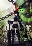  absurdres black_gold_saw black_hair black_rock_shooter black_shorts burning_eye dead_master highres holding holding_weapon horns long_hair looking_at_viewer multiple_girls pinfan purple_eyes red_eyes shorts sword weapon 