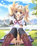  :d absurdres blonde_hair blue_eyes cloud copyright_request day hair_intakes hair_ribbon highres izumi_tsubasu knees_together_feet_apart legs open_mouth ribbon school_uniform sitting sky smile solo tress_ribbon twintails 