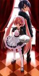  1boy 1girl :&lt; absurdres aria_the_scarlet_ammo gun hidan_no_aria highres kanzaki_h_aria kobuichi long_image maid pink_eyes pink_hair tall_image thighhighs tohyama_kinji tooyama_kinji tray twintails weapon 