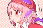  animal_ears blush close-up colored_eyelashes curious earrings face haruichi hat jewelry leaning_forward mystia_lorelei pink_hair polka_dot polka_dot_background red_eyes short_hair solo touhou wings 