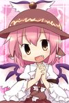  animal_ears blush brown_dress brown_eyes chibi dress earrings fang hands_clasped hat jewelry mystia_lorelei open_mouth own_hands_together pink_hair smile solo touhou wings yamabuki_(yusuraume) 