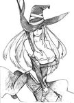  bare_shoulders breasts cleavage detached_sleeves dragon's_crown dress greyscale hat hat_over_one_eye large_breasts long_hair masato_(mirai_koubou) monochrome side_slit solo sorceress_(dragon's_crown) staff strapless strapless_dress traditional_media witch_hat 