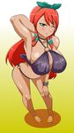  ankle_lace-up armpits bikini breasts cleavage cross-laced_footwear green_eyes hair_ribbon halter_top halterneck hokuto_(tokuho) huge_breasts inazuma_eleven_(series) inazuma_eleven_go leaning_forward long_hair o-ring o-ring_bottom o-ring_top one_eye_closed pigeon-toed red_hair ribbon sandals seto_midori smile solo swimsuit tan 