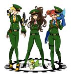  3girls bird blonde_hair bored breasts brown_hair duck ducklett emolga fingerless_gloves formal fuuro_(pokemon) gloves gym_leader hat jacket kamitsure_(pokemon) large_breasts long_hair multiple_girls necktie pants peaked_cap pokemon pokemon_(game) pokemon_bw red_hair shirt short_hair snivy tie touko_(pokemon) uniform white_(pokemon) 