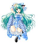  animal_ears cat_ears cat_hair_ornament dress frills green_eyes green_hair hair_ornament highres kamiya_tomoe long_hair one_eye_closed original panties pantyshot ribbon solo spread_legs striped striped_legwear thighhighs underwear white_panties 