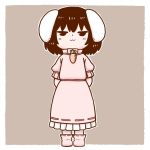  :3 animal_ears ankle_boots arms_behind_back black_hair blush boots bunny_ears carrot carrot_necklace chibi closed_mouth dot_nose full_body inaba_tewi jitome looking_at_viewer pink_footwear pink_shirt pink_skirt poronegi purple_background shirt short_hair simple_background skirt smile solo standing touhou 