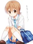  aioi_yuuko bag brown_eyes brown_hair kneehighs maruki_(punchiki) nichijou school_uniform shoes short_hair sitting skirt smile solo tokisadame_school_uniform translated v_arms white_legwear 