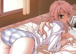  ass bed blonde_hair caroline computer green_eyes highres laptop long_hair looking_back lying mouth_hold no_pants on_bed on_stomach panties pen solo soo-hyon_lee striped striped_panties unbalance_unbalance underwear window 