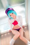  asian black_bra black_panties blue_hair bra cosplay demon_girl highres kurono_kurumu kuruno_kurumu kuruno_kurumu_(cosplay) lingerie navel open_clothes open_shirt panties photo real rosario+vampire shirt snow_flakes succubus thighs underwear white_kneehighs white_legwear 