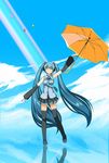  ^_^ arm_up bad_id bad_pixiv_id balloon closed_eyes cloud detached_sleeves hatsune_miku long_hair miniskirt necktie pleated_skirt rainbow reflection ripples skirt sky smile solo thighhighs twintails umbrella very_long_hair vocaloid yakitori_(oni) 