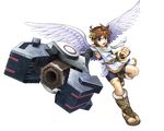  absurdres angel artist_request blue_eyes bracer brown_hair gun highres huge_weapon kid_icarus male_focus official_art open_mouth pit_(kid_icarus) solo weapon wings 