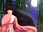  bamboo bamboo_forest bangs black_hair blunt_bangs bow covering_mouth forest full_moon hand_over_own_mouth houraisan_kaguya long_hair moon nature petals red_eyes solo tohoho_(hoshinoyami) touhou very_long_hair wallpaper wide_sleeves 