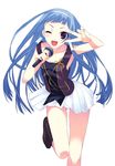  ;d absurdres blue_hair boots highres kannagi legs microphone murakami_suigun nagi one_eye_closed open_mouth panties pantyshot pleated_skirt purple_eyes simple_background skirt sleeveless smile solo underwear v v_over_eye white_panties white_skirt 