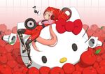  animal_helmet apple bodysuit bow decilitre food fruit hello_kitty helmet long_hair lying nekomura_iroha pink_hair ponytail red solo vocaloid 