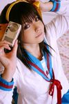  blue_sailor_collar brown_hair cosplay kita_high_school_uniform long_hair long_sleeves mizuhara_arisa photo sailor_collar school_uniform serafuku solo suzumiya_haruhi suzumiya_haruhi_no_yuuutsu 