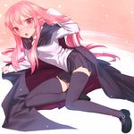  black_dress black_legwear cape dress gradient gradient_background long_hair louise_francoise_le_blanc_de_la_valliere pink_background pink_eyes pink_hair shoes skirt solo thighhighs uni white_background zero_no_tsukaima 