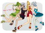  afuro_terumi androgynous bad_id bad_pixiv_id blonde_hair blue_eyes bracelet braid brown_eyes collarbone dark_skin dark_skinned_male dress earrings eyepatch eyeshadow fubuki_shirou gloves green_hair grey_hair inazuma_eleven inazuma_eleven_(series) jewelry makeup midorikawa_ryuuji multiple_boys off_shoulder otoko_no_ko platform_footwear platform_heels ponytail red_eyes sakuma_jirou temari114 thighhighs 