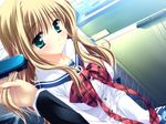  aqua_eyes blush hair_brush long_blonde_hair looking_at_viewer mizuhara_koharu plaid school_uniform 