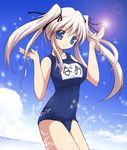  artist_request blue_eyes breasts day large_breasts mabinogi name_tag nao_(mabinogi) one-piece_swimsuit school_swimsuit sky solo swimsuit twintails white_hair 