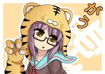  brown_eyes cardigan gloves hat jacket megane nagato_yuki purple_hair school_uniform suzumiya_haruhi_no_yuuutsu tiger tiger_hat 