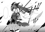  adapted_costume bad_id bad_pixiv_id bow cape greyscale hair_bow injury kamata_yuuya long_hair mahou_shoujo_madoka_magica monochrome one_eye_closed ponytail sakura_kyouko solo sword thighhighs weapon 