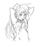  adjusting_hair alternate_hairstyle arcueid_brunestud armpits arms_up drawfag greyscale highres long_hair messy_hair monochrome mouth_hold solo sweater tsukihime 
