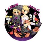  bandages blonde blue_eyes boots hairclip halloween hat hoodie inumimi jack-o&#039;-lantern jacket kagamine_len kagamine_rin kemonomimi paws pumpkin ribbon short_hair sitting striped_thighhighs tagme thighhighs vocaloid witch_hat wolf_ears wolf_tail 