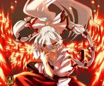  clenched_teeth fujiwara_no_mokou glowing glowing_eyes hand_on_own_face long_hair orange_eyes ponytail shirt solo teeth tora_jun torn_clothes torn_shirt touhou white_hair wings 