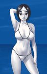  armpits bad_id bad_pixiv_id bikini black_hair breasts brown_eyes large_breasts navel original pale_skin short_hair shun_(artist) solo swimsuit triangular_headpiece 