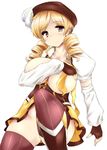  beret blonde_hair breasts covering covering_breasts covering_crotch drill_hair fingerless_gloves gloves hat highres large_breasts mahou_shoujo_madoka_magica mikage_kirino no_panties short_hair solo thighhighs tomoe_mami twin_drills twintails yellow_eyes 