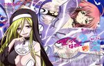  2girls absurdres adult angel blond_hair blonde_hair blue_eyes breasts chaos chaos_(sora_no_otoshimono) cleavage feather feathers highres ikaros long_hair multiple_girls nun okayama_shinako older purple_eyes red_hair scan smile sora_no_otoshimono torn_clothes wings 