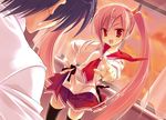  aria_the_scarlet_ammo fang hand_on_hip heart_hair_clip kanzaki_h_aria loli looking_at_viewer pink_hair pointing_finger red_eyes school_uniform sunrise sunset tagme twin_tail window zettai_ryouiki 