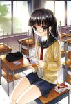  absurdres black_hair cardigan chair classroom desk glasses highres indoors koin_(foxmark) long_hair long_sleeves looking_at_viewer metal_witch_sisters neckerchief novel_(object) official_art on_desk open_cardigan open_clothes ponytail reading school_desk school_uniform serafuku silver_eyes sitting sitting_on_desk skirt smile solo tree window 