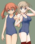  blue_eyes breast_envy breasts brown_hair cleavage depressed empty_eyes flat_chest francie_gerard large_breasts mirutsu_(milts) multiple_girls one-piece_swimsuit orange_hair salute school_swimsuit shaded_face swimsuit thighhighs twintails wilma_bishop world_witches_series 