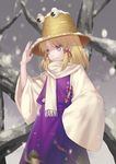  blonde_hair eyes hat irua moriya_suwako scarf short_hair snow solo touhou winter winter_clothes 