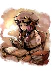  blush book bookmark bow capelet crescent cup hair_bow hat hounori ink long_hair patchouli_knowledge pen purple_eyes purple_hair smile solo steam touhou 