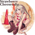  blue_eyes boots bottomless camouflage dog_tags english food ice_cream military nail_polish original personification silver_hair sitting solo temoshi traffic_cone twintails 