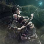  1girl arched_back bad_anatomy bad_id bad_pixiv_id bandages black_hair braid breasts cape demon's_souls maiden_in_black medium_breasts patches_the_hyena souls_(from_software) staff yori_(pixiv257595) 