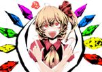  \n/ ahegao ahoge ascot blonde_hair flandre_scarlet hair_ribbon highres neichiru red_eyes ribbon short_sleeves side_ponytail solo tongue tongue_out touhou upper_body wings 