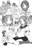  3boys bosshi camera comic doujinshi greyscale hard_translated highres monochrome multiple_boys renkyuu_no_kanojotachi school_uniform translated twintails 