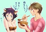  animal_ears bare_shoulders breasts brown_hair cat_ears cleavage food hyuuga_hinata inuzuka_kiba lsd-yua naruto simple_background translation_request 