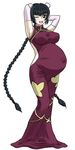  arms_up black_hair breasts brown_eyes chinese_clothes chinese_dress dress elbow_gloves gloves gundam gundam_00 huge_belly large_breasts long_hair oppai outie pregnant smile twin_braids wang_liu_mei white_gloves 