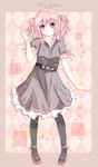  amatsuki_hotaru bangs belt blush bracelet collarbone commentary_request dress eyebrows_visible_through_hair full_body hair_ornament hair_ribbon hairclip hairpin highres jewelry looking_at_viewer mary_janes original pantyhose pink_eyes pink_hair ribbon shoes short_sleeves solo standing twintails 