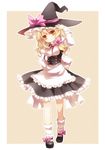  adjusting_clothes adjusting_hat blonde_hair bow hat highres kirisame_marisa mary_janes moru orange_eyes shoes smile socks solo standing touhou white_legwear witch_hat yellow_eyes 