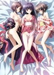  3girls absurdres amamiya_yuuko ass barefoot blue_hair blush breasts brown_hair cleavage collaboration covering covering_breasts ef feet floral_print groin hayama_mizuki_(angel's_sunday) highres hirono_nagi japanese_clothes kimono large_breasts legs long_hair long_legs lying multiple_girls nanao_naru no_bra no_panties non-web_source on_back on_side pink_eyes pink_kimono print_kimono purple_kimono red_eyes red_kimono short_hair short_kimono short_yukata shouna_mitsuishi sideboob thighs very_long_hair yukata 