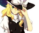  blonde_hair blue_eyes bow braid buttons ebira green_eyes hand_on_headwear hat hat_tip kirisame_marisa lips revision smile solo touhou upper_body 