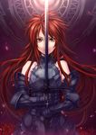  armor bare_shoulders cross flower gauntlets highres long_hair original petals red_eyes red_hair rose solo sword tsuki_tokage weapon 