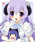  :x bad_id bad_pixiv_id blush bow doll dress flower furude_rika hair_flower hair_ornament hanyuu heart higurashi_no_naku_koro_ni horns mikurun open_mouth purple_eyes purple_hair simple_background solo 